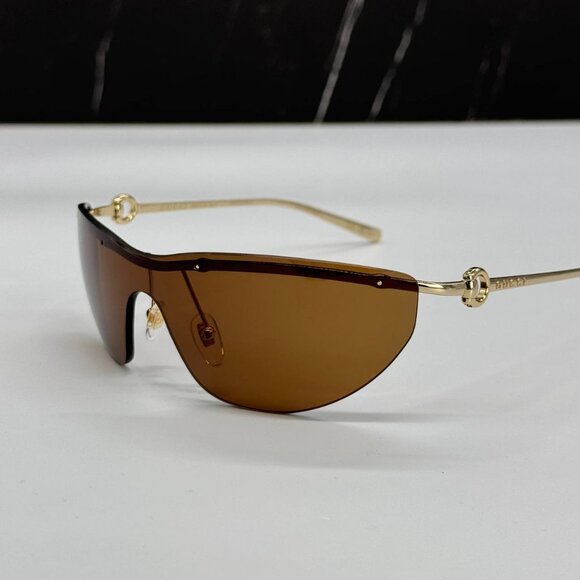 NEW GUCCI WOMEN SHIELD GG1700S 004 SUNGLASSES GOLD BROWN GUCCI EYEWEAR - Picture 1 of 10